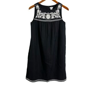 J Crew‎ Linen Blend Dress Size XS Black Embroidery Sleeveless Shift With Pockets